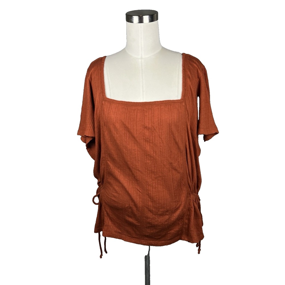 LUCKY BRAND Top Women Size XL Orange Stretchy Flutter Sleeves Cinch Tie Sides‎